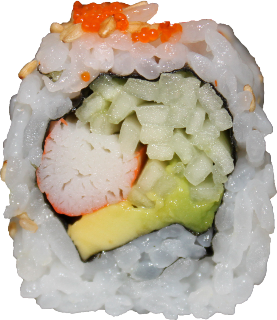 California Sushi Roll Cross Section with Crab Avocado and Orange Roe PNG Image