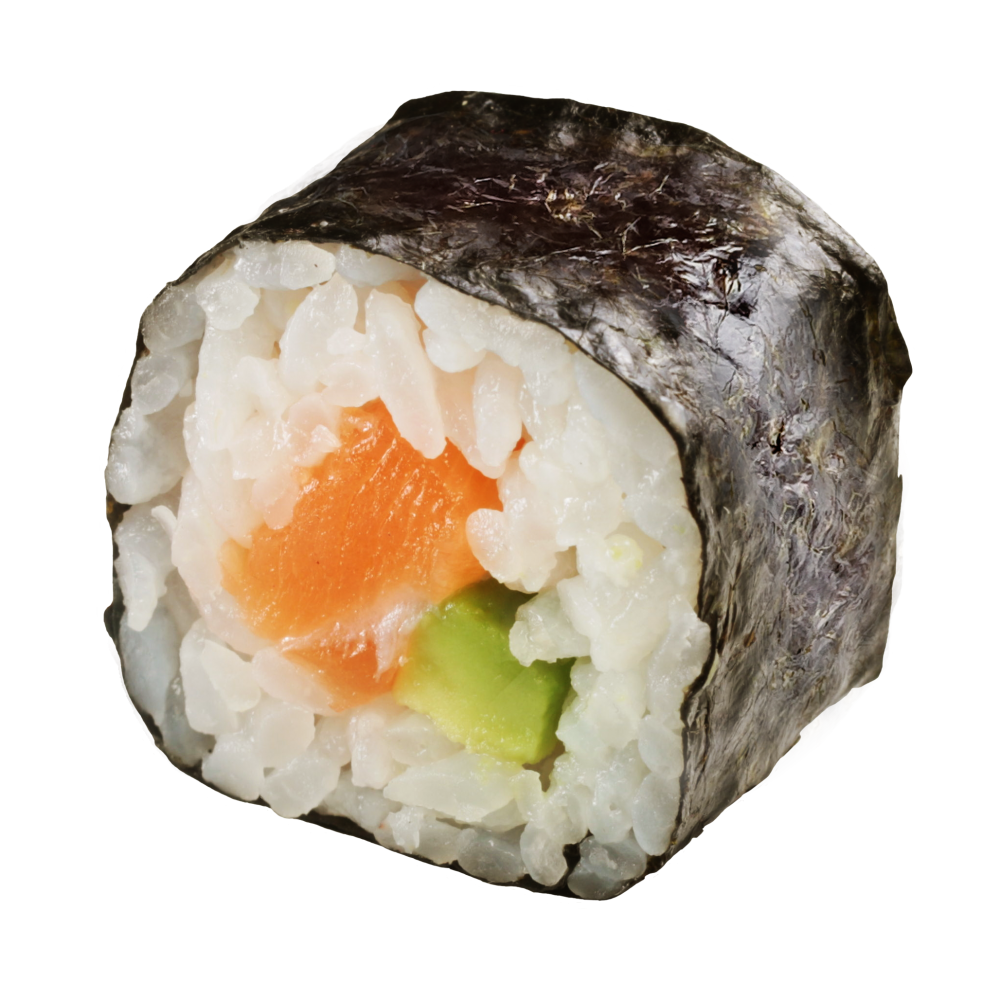 California Sushi Roll Cross Section with Salmon Avocado and Nori PNG Food Cutout
