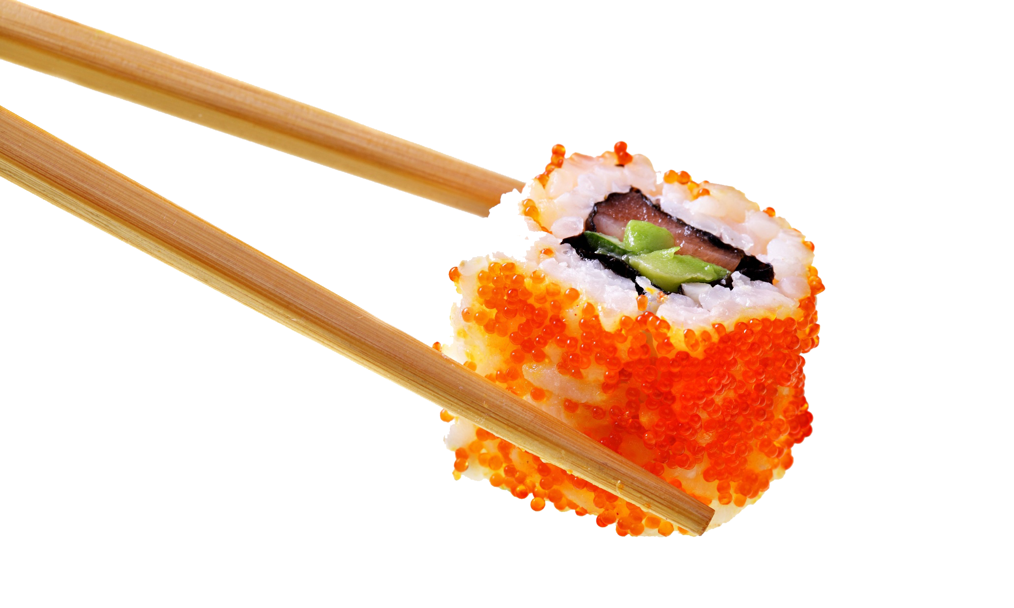 Chopsticks Holding Orange Tempura Sushi Roll Close Up Transparent PNG