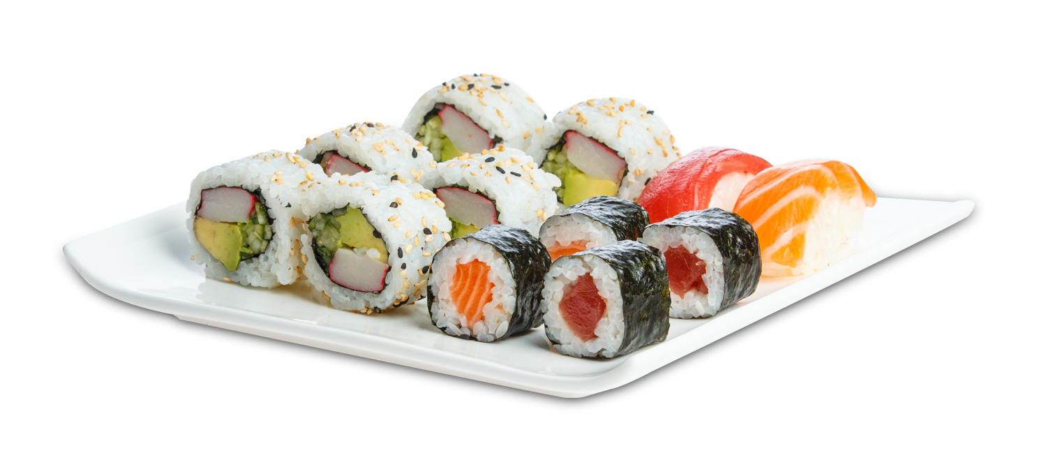 Colorful Assorted Sushi Rolls and Maki on White Serving Plate PNG Image