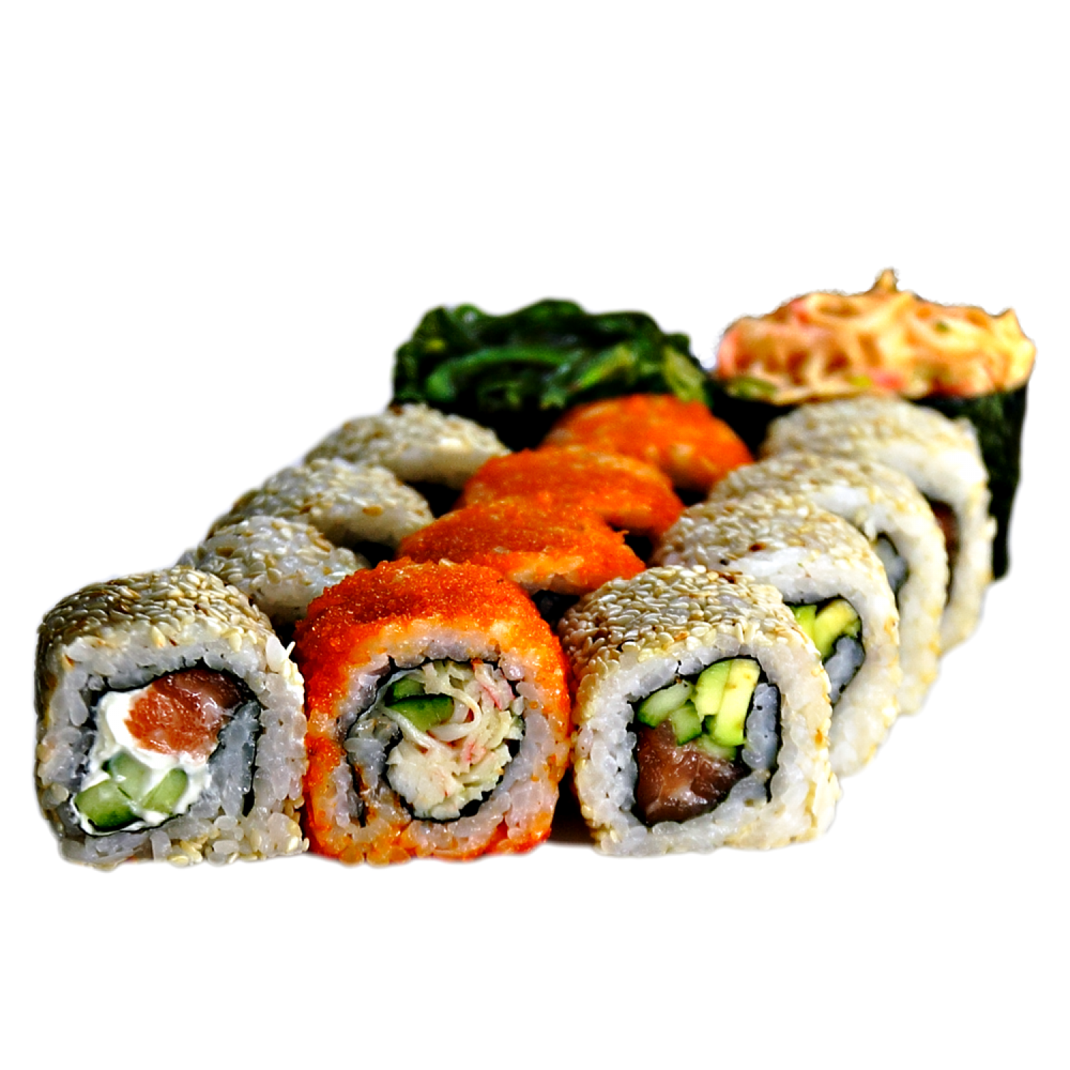 Colorful Sushi Roll Platter with Salmon Roe and Avocado on Bamboo Board PNG