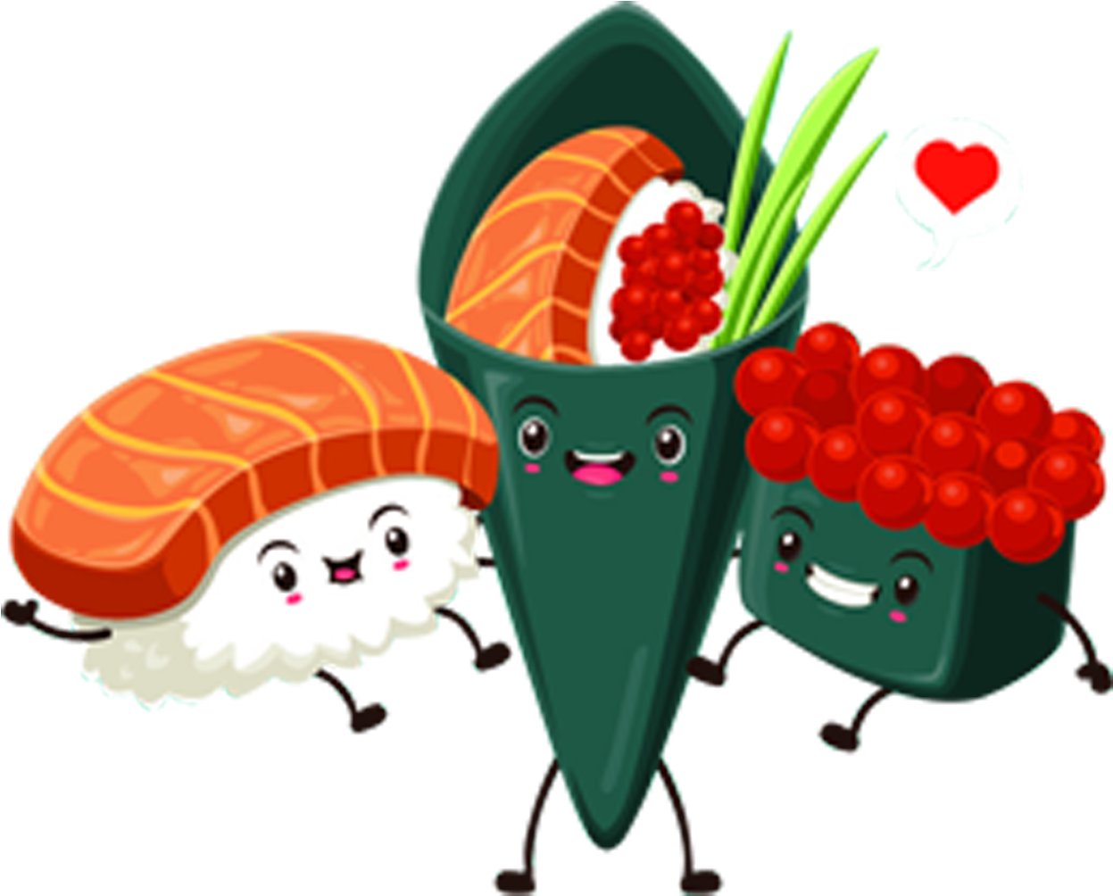 Cute Anthropomorphic Sushi Rolls with Smiling Faces and Hearts PNG Cartoon