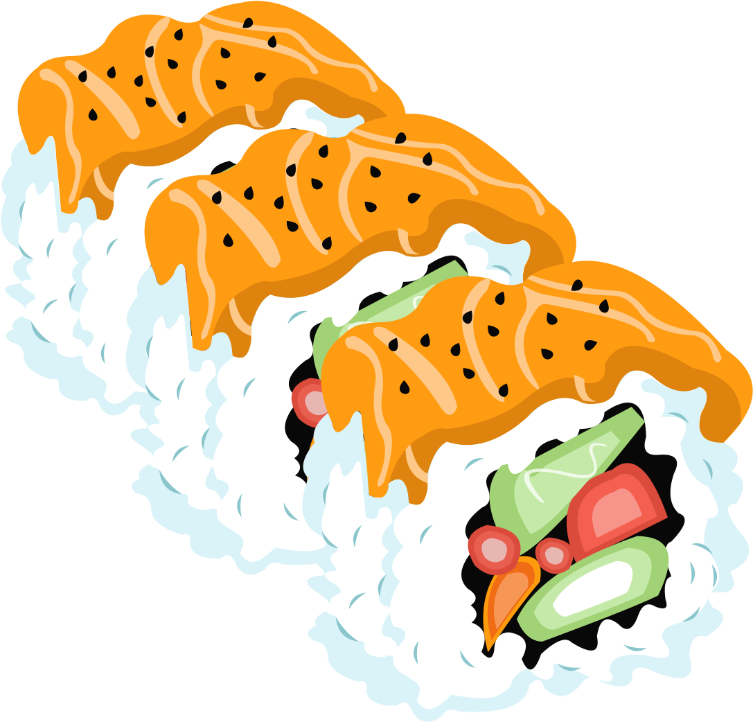 Cute Cartoon Assorted Sushi Rolls with Colorful Fish Toppings PNG Illustration