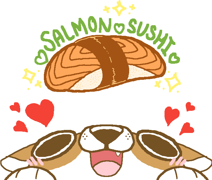 Cute Salmon Sushi and Crab Cartoon with Hearts and Japanese Text PNG Graphic