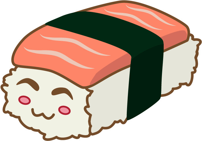 Cute Cartoon Salmon Sushi with Smiling Face and Seaweed Wrap PNG Illustration