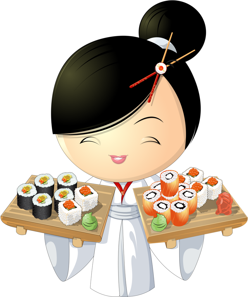 Cute Cartoon Woman Enjoying Sushi at Restaurant Table PNG Illustration