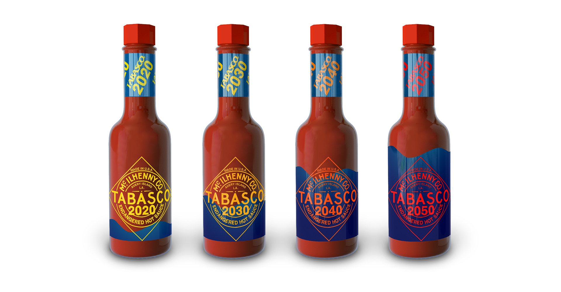 Four Miniature Tabasco Pepper Sauce Bottles Assorted Flavors PNG Product Photo