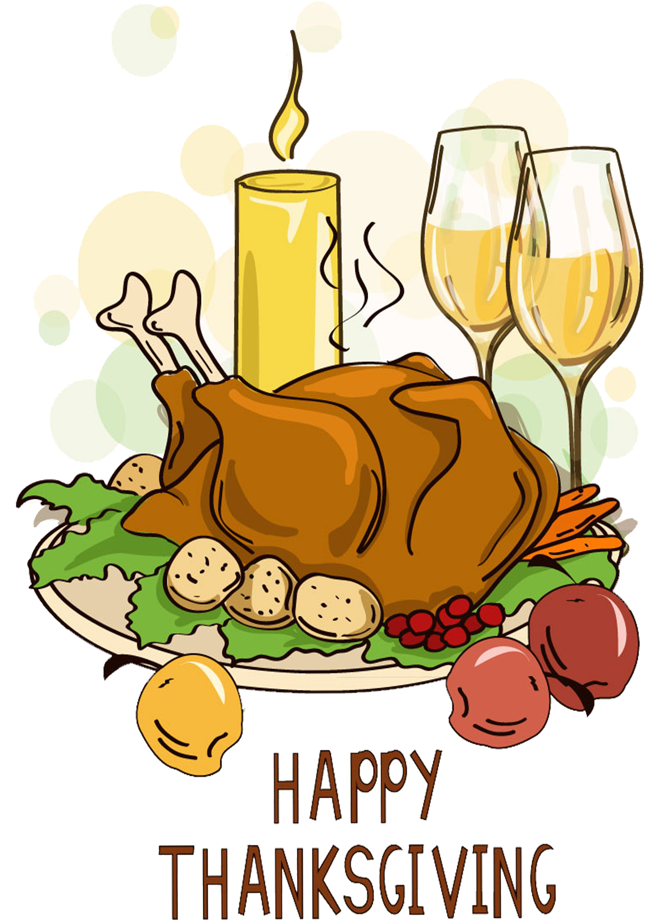 Happy Thanksgiving Roast Turkey with Wine and Festive Decorations PNG Illustration