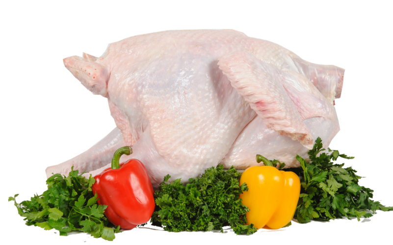 Raw Whole Turkey Surrounded by Fresh Vegetables and Parsley PNG Food Photo