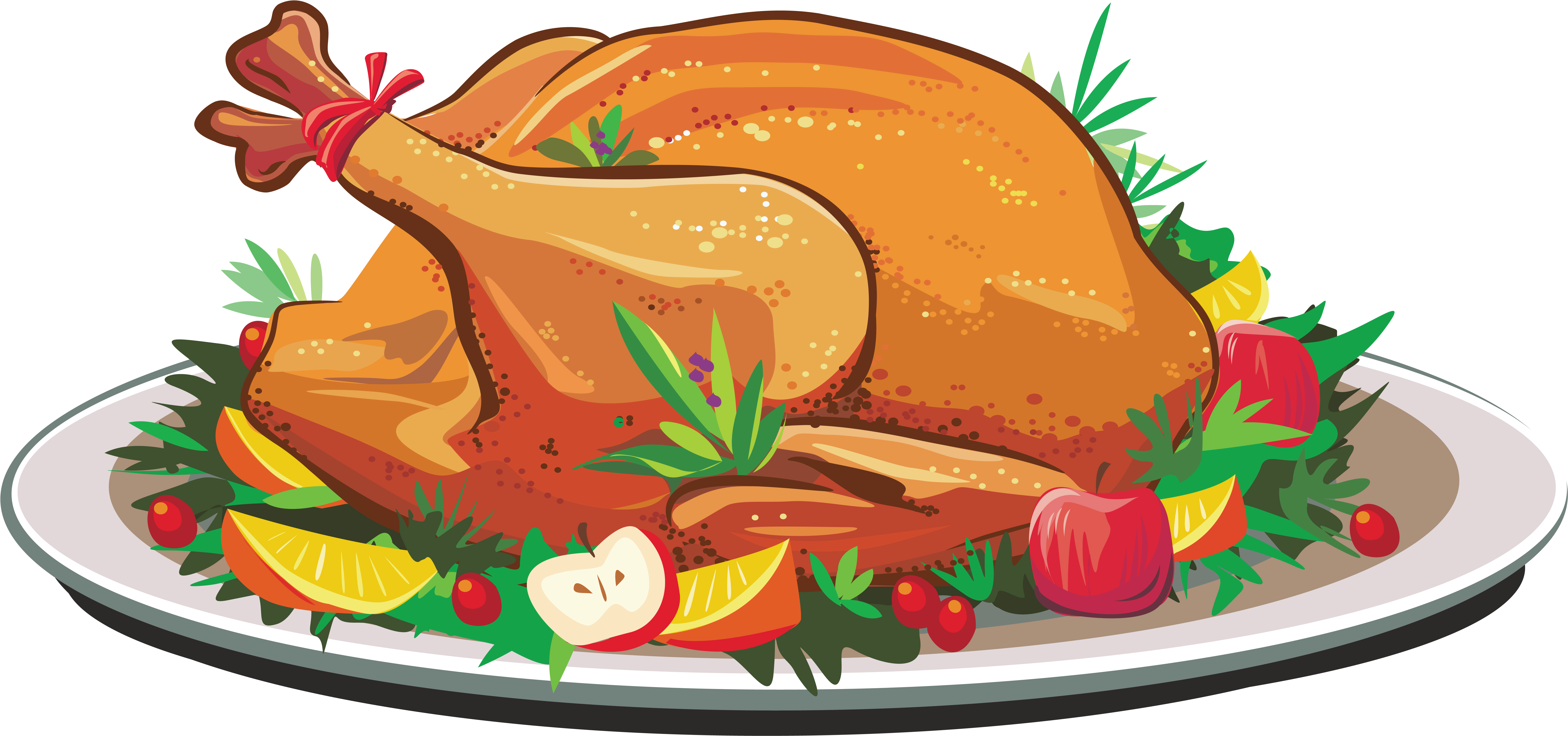 Festive Illustrated Roast Turkey Platter with Vegetables and Garnish PNG