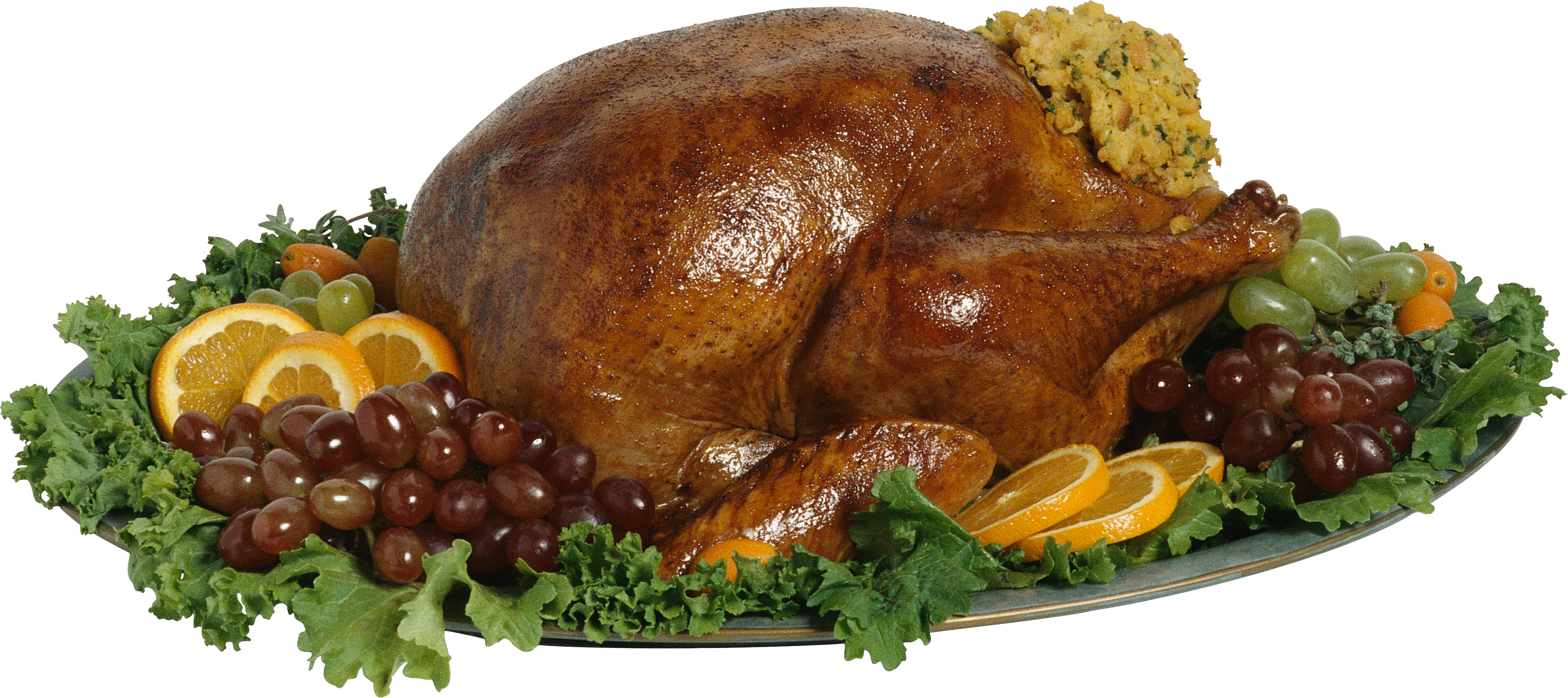 Holiday Roast Turkey Platter with Grapes Herbs and Vegetables PNG Food Image