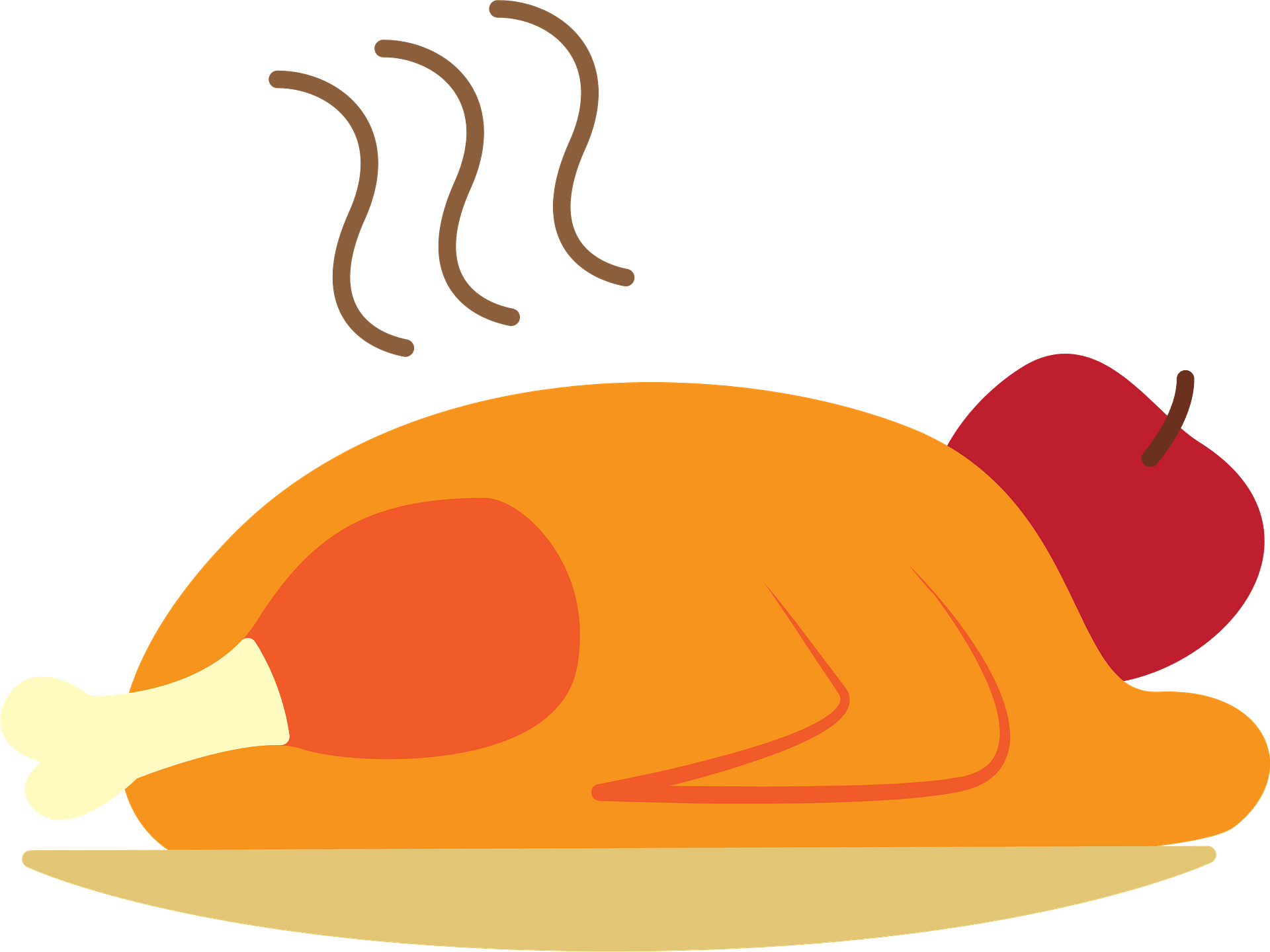 Steaming Cartoon Roast Turkey on Yellow Plate Thanksgiving Food PNG Illustration