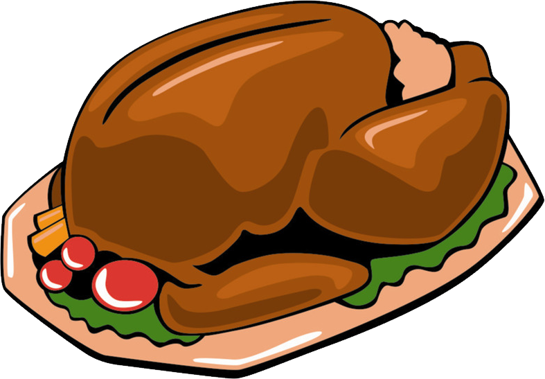 Cartoon Thanksgiving Roast Turkey on Brown Serving Tray with Vegetables PNG