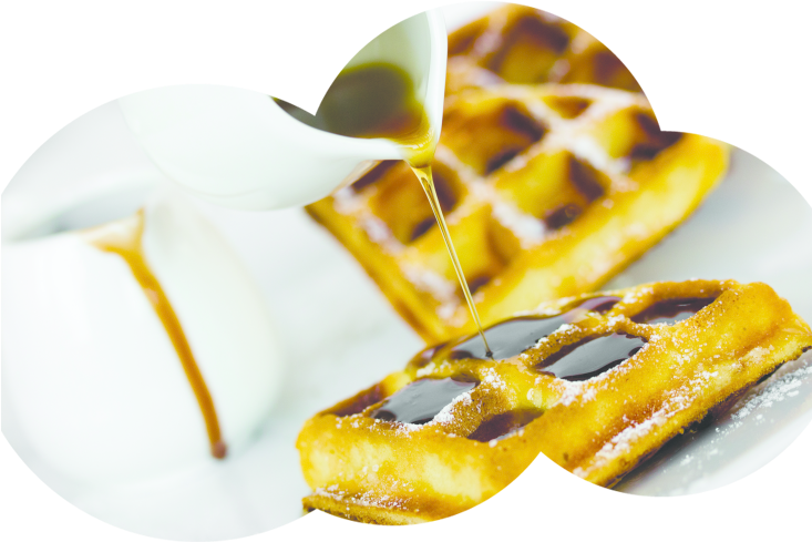 Belgian Waffle Pieces with Syrup and Whipped Cream on Plate PNG Food Image