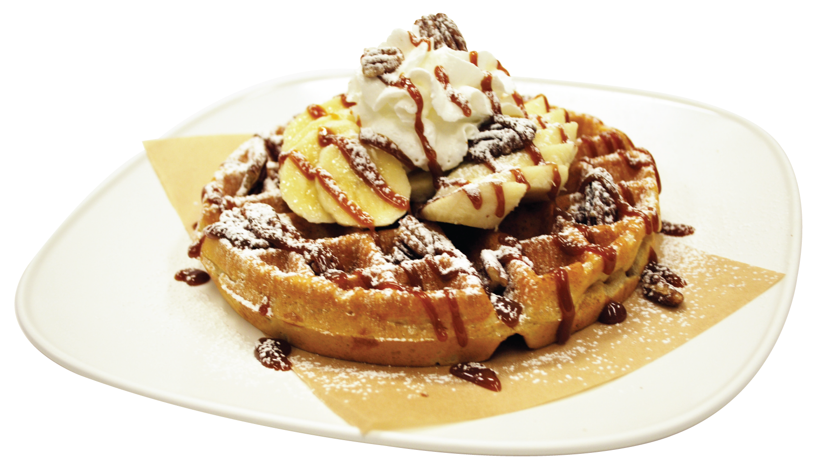 Belgian Waffle with Banana Whipped Cream and Chocolate Drizzle PNG Food Image