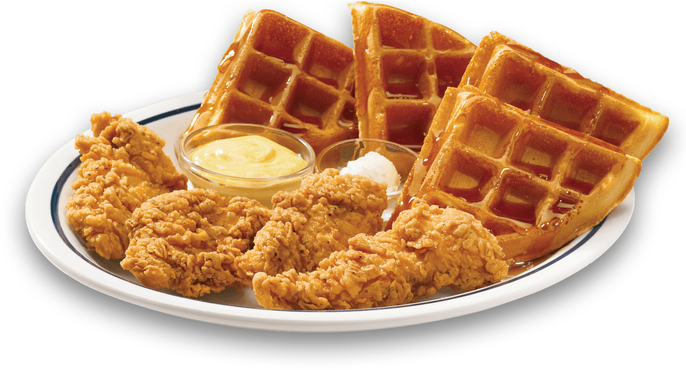 Classic Chicken and Waffles Breakfast Plate with Crispy Chicken PNG Photo