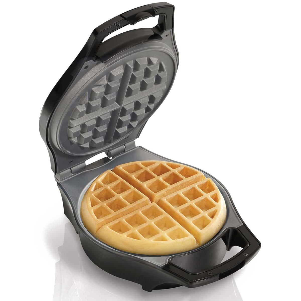 Open Round Electric Waffle Maker Cooking One Golden Waffle PNG Product Image