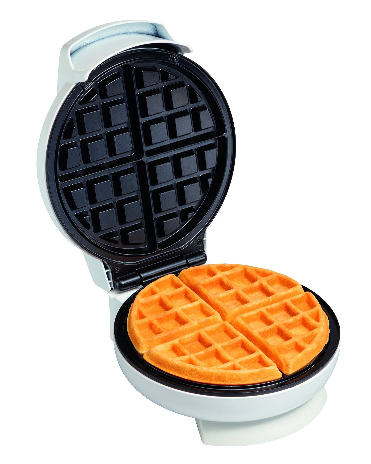 Open Waffle Iron with Round Belgian Waffle on Heating Plate PNG Image