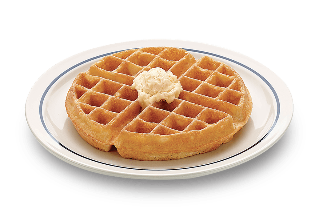 Round Belgian Waffle with Butter Pat on White Plate Transparent PNG Image