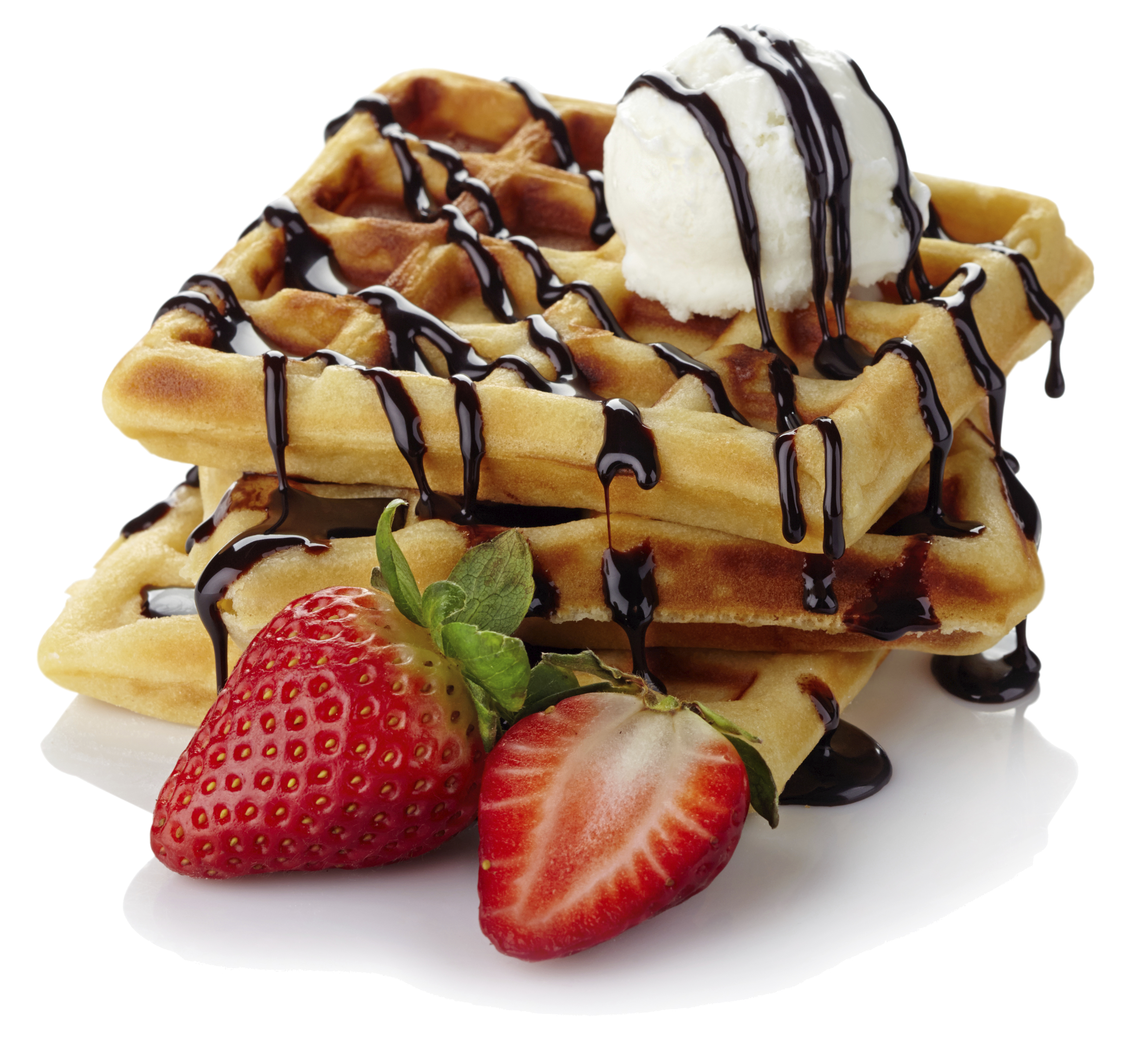 Belgian Waffles with Ice Cream Chocolate Sauce and Fresh Strawberries PNG Photo