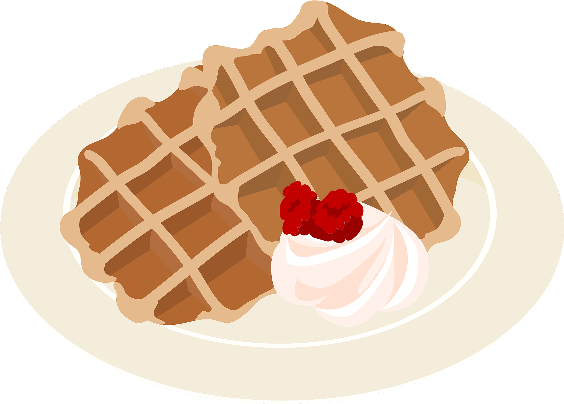 Cartoon Waffle on Plate with Whipped Cream and Cherry PNG Illustration
