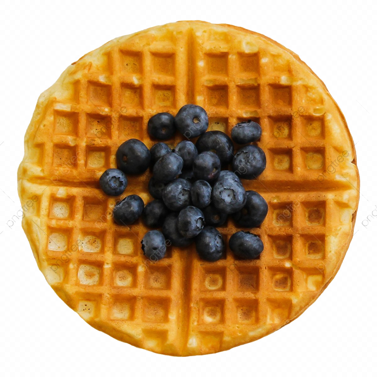 Round Golden Waffle Topped with Fresh Blueberries PNG Food Photo