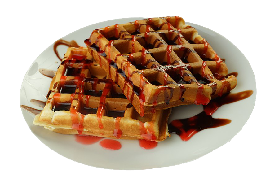 Round Waffle with Maple Syrup on White Plate PNG Breakfast Food Image