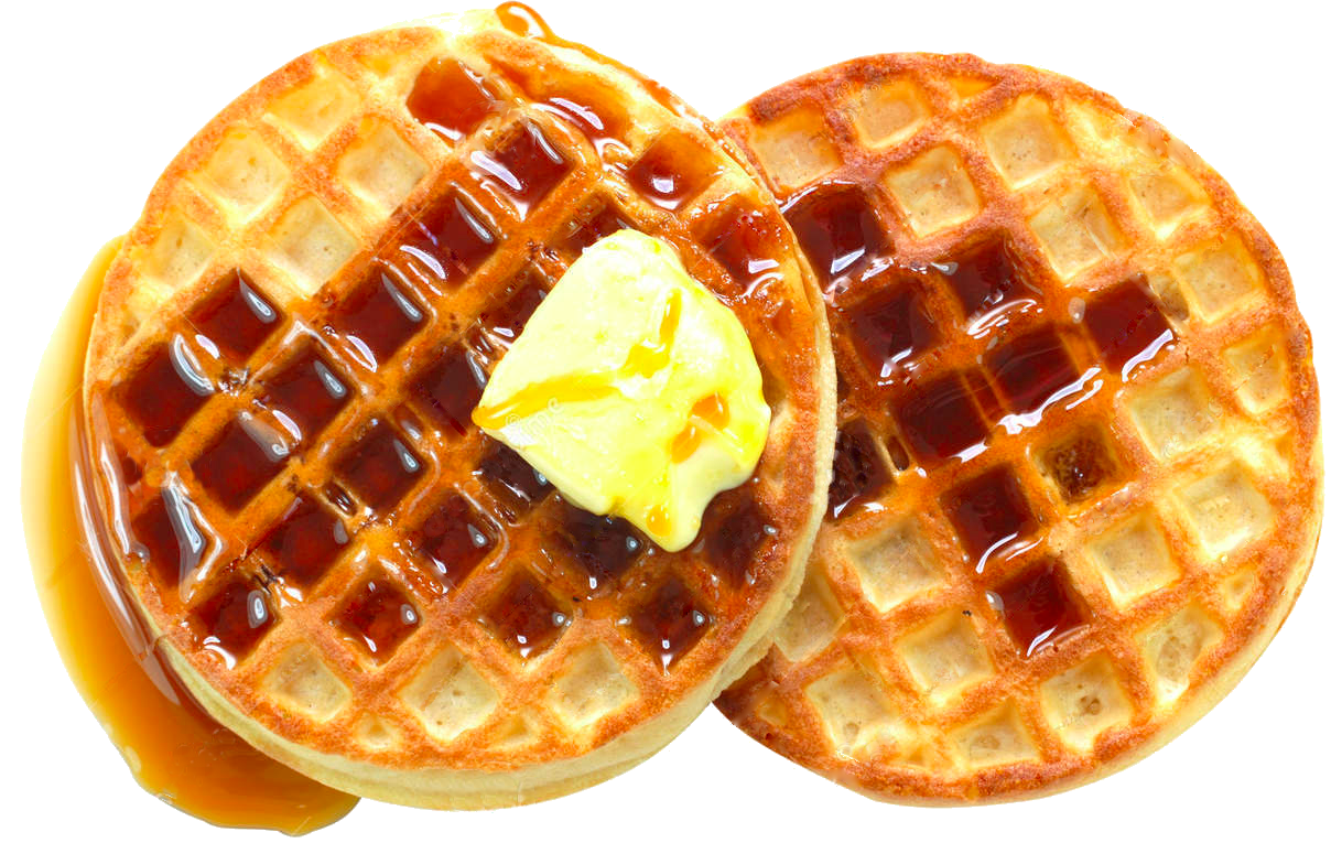 Two Round Waffles with Butter and Maple Syrup Transparent PNG Food Image