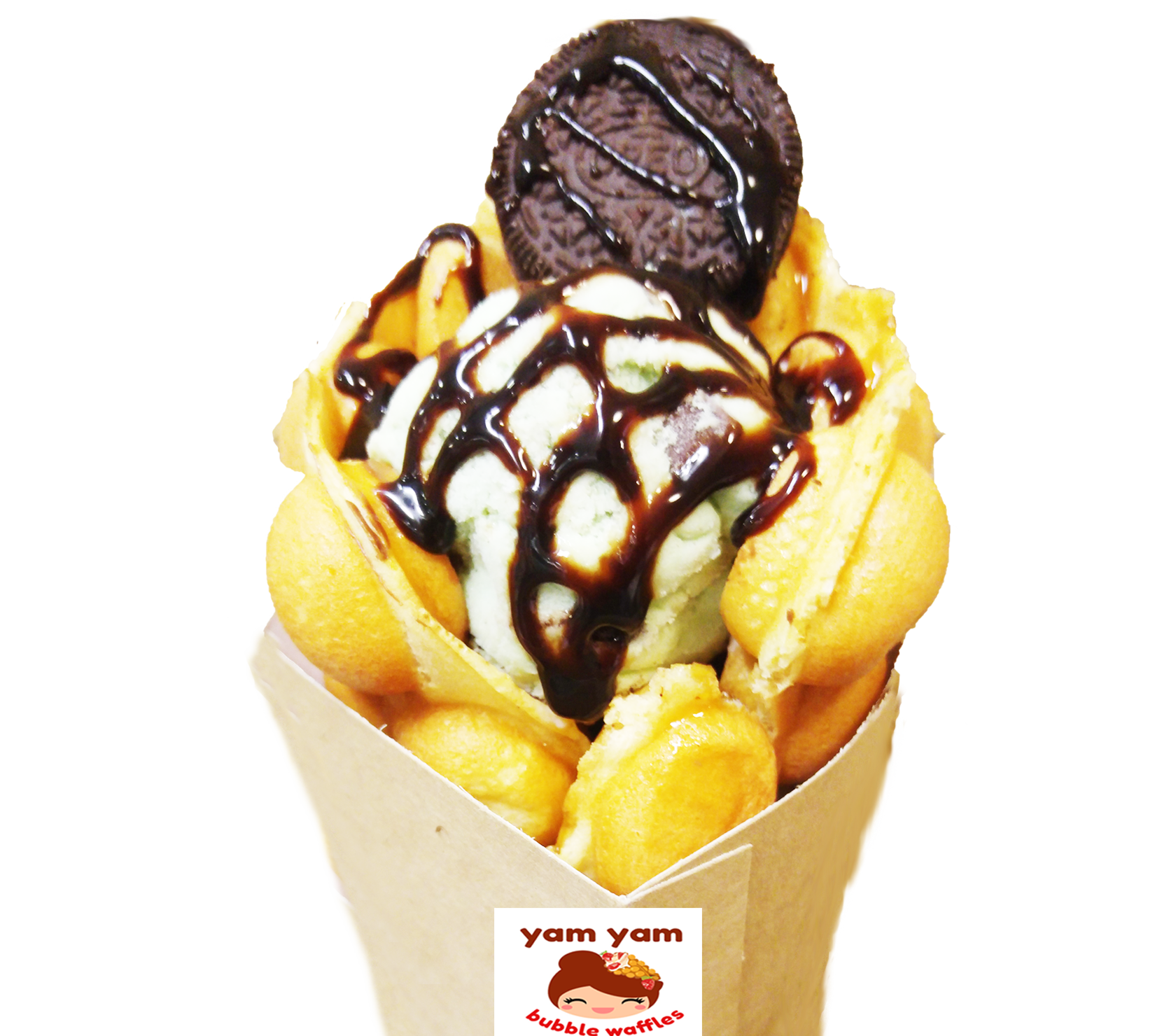 Waffle Sundae with Banana Chocolate Syrup and Chocolate Cookie PNG Dessert Image