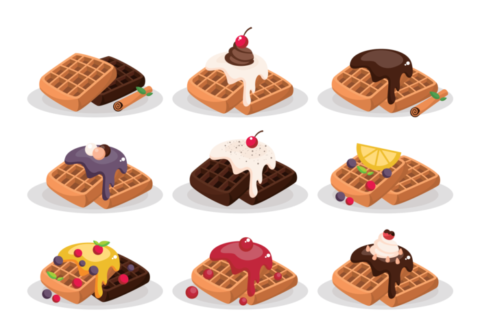 Assorted Mini Waffles with Chocolate Fruit and Cream Toppings PNG Dessert Icons