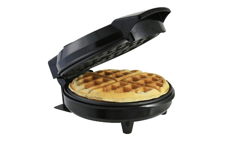 Black Electric Waffle Maker with Fresh Round Waffle on Griddle PNG Image
