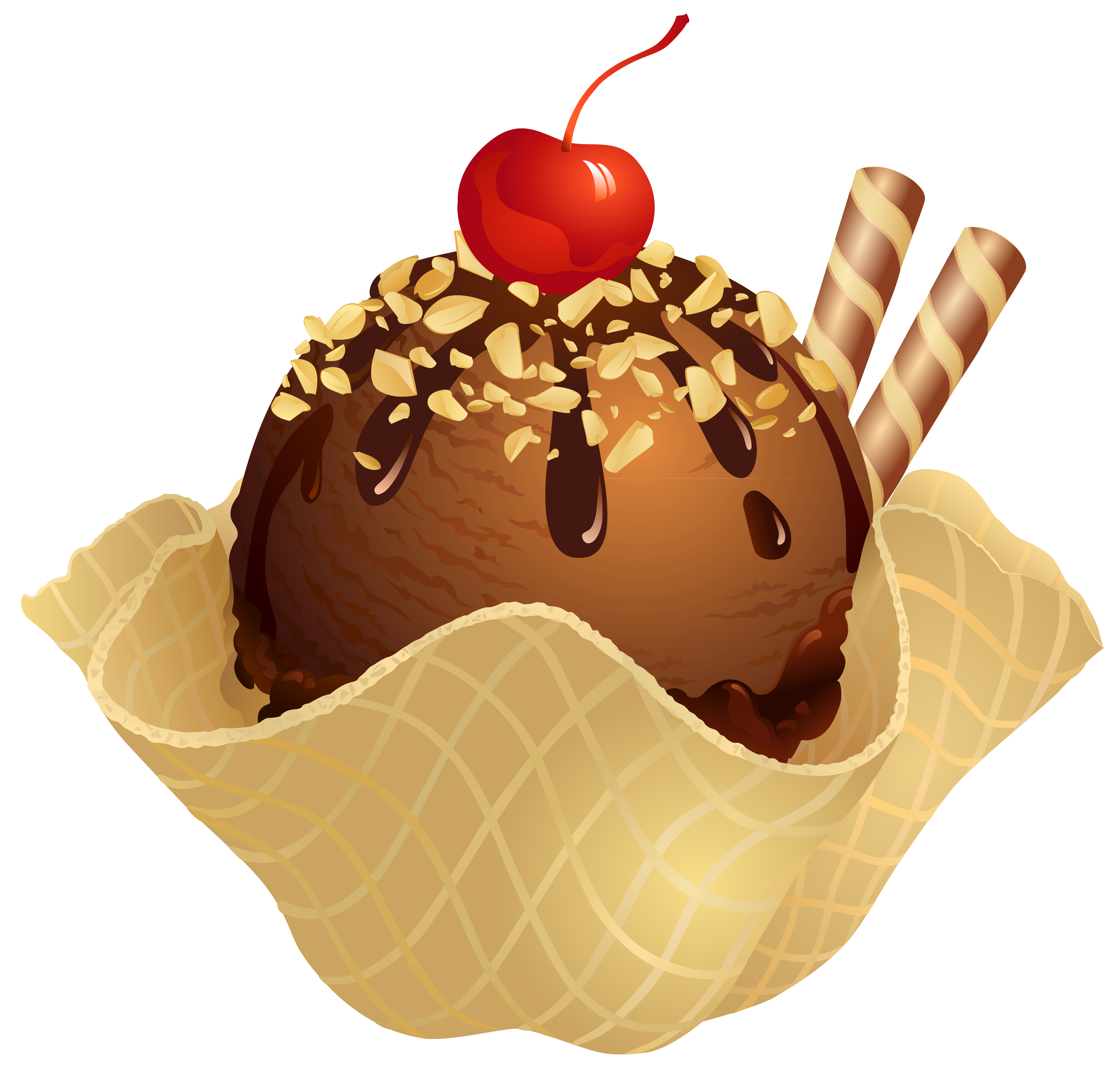 Chocolate Ice Cream Sundae in Waffle Cone Cup with Cherry PNG Dessert Photo
