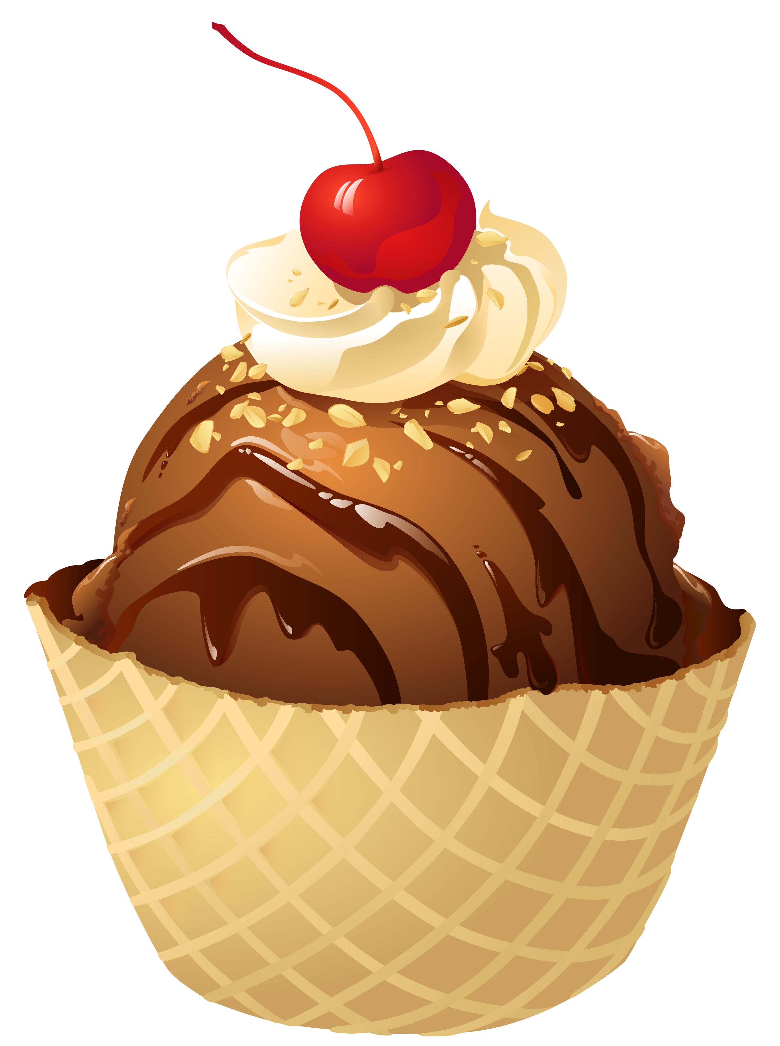 Chocolate Ice Cream Sundae in Waffle Cup with Whipped Cream and Cherry PNG