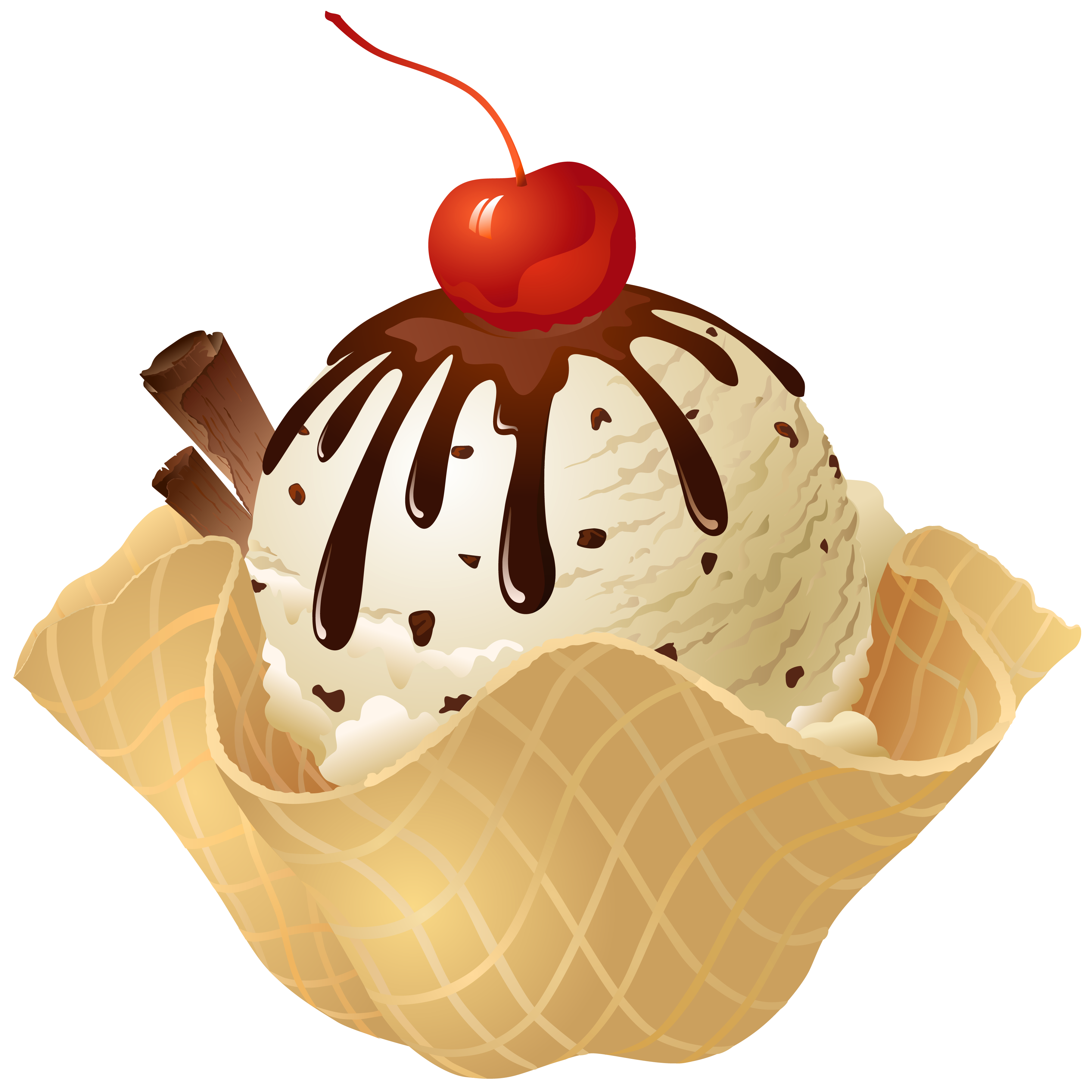 Chocolate Ice Cream Sundae with Whipped Cream and Cherry in Waffle Cup PNG