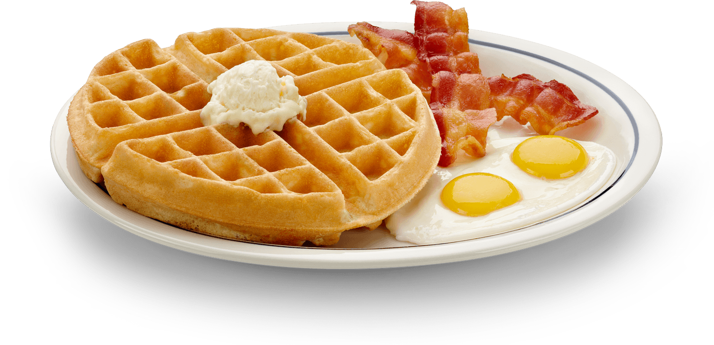 Golden Square Waffle with Butter Pat on White Plate PNG Breakfast Food Image