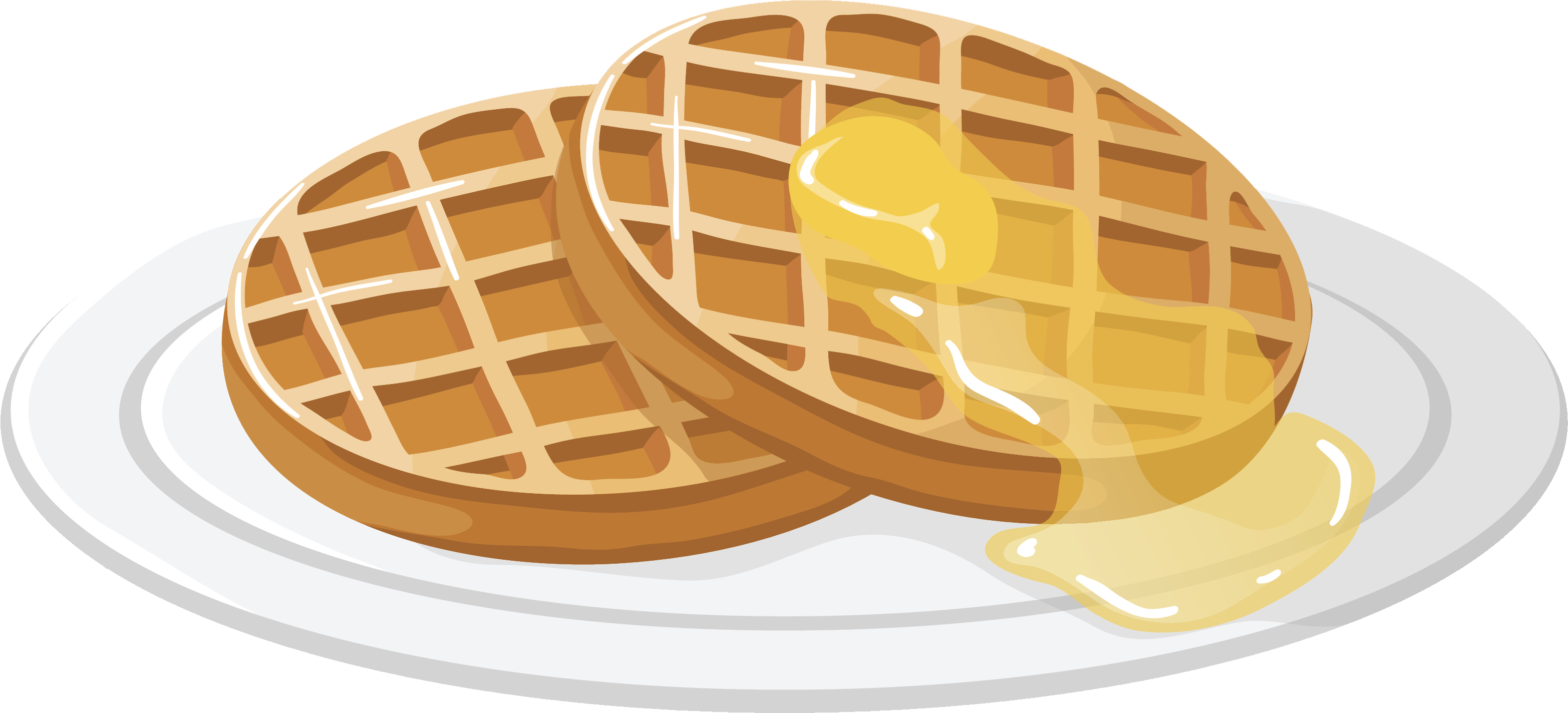 Round Waffles with Butter and Maple Syrup on White Serving Plate PNG Food Photo