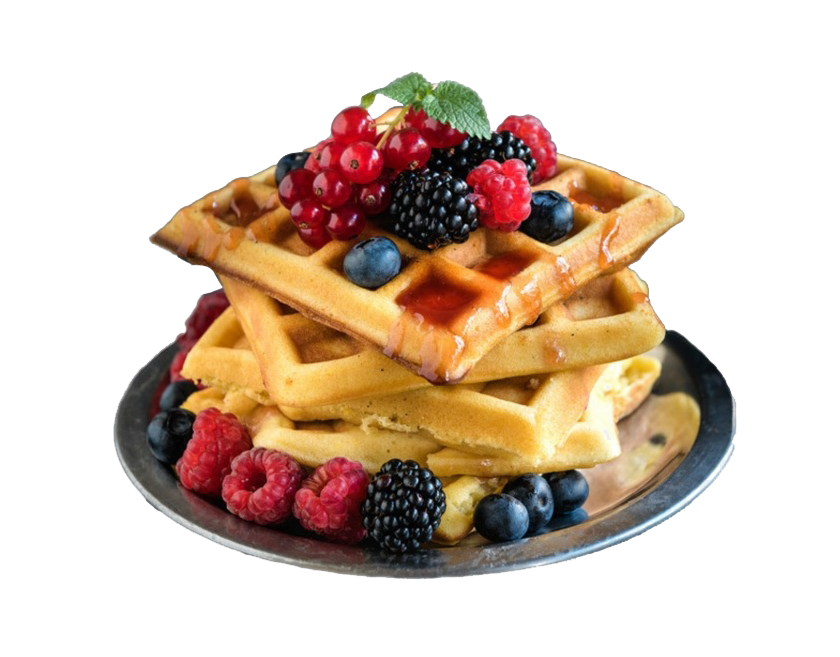 Stack of Belgian Waffles with Fresh Mixed Berries Transparent PNG Dessert Image