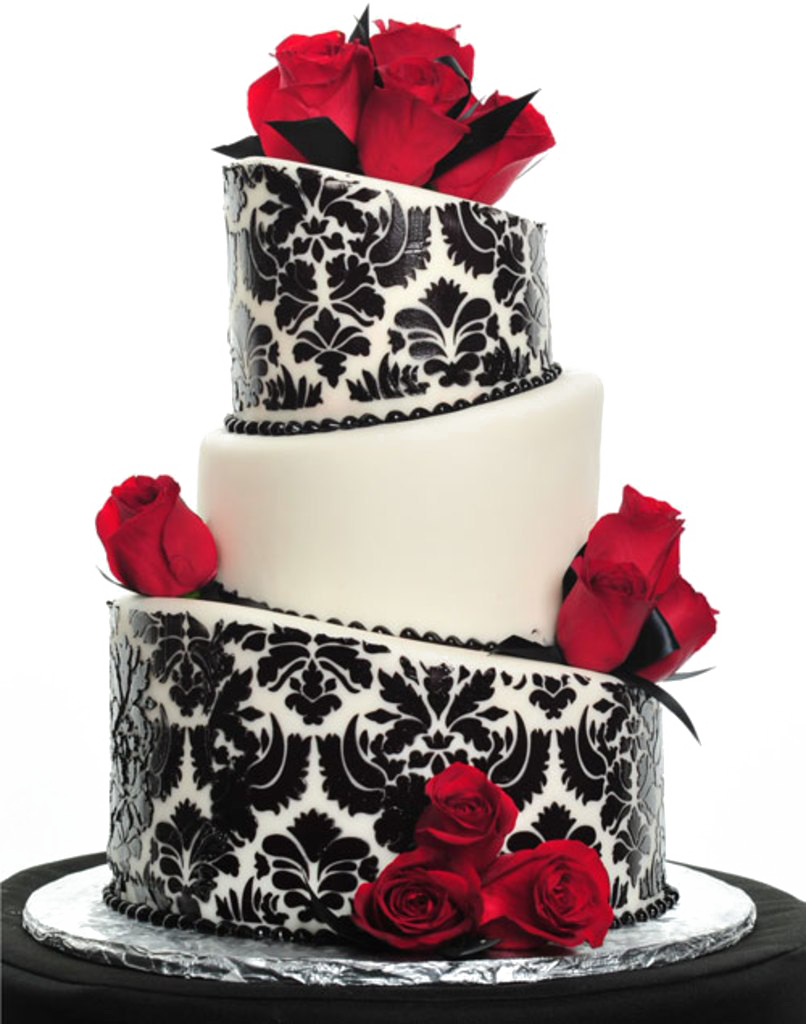 Black and White Wedding Cake with Red Rose Decorations PNG Product Image