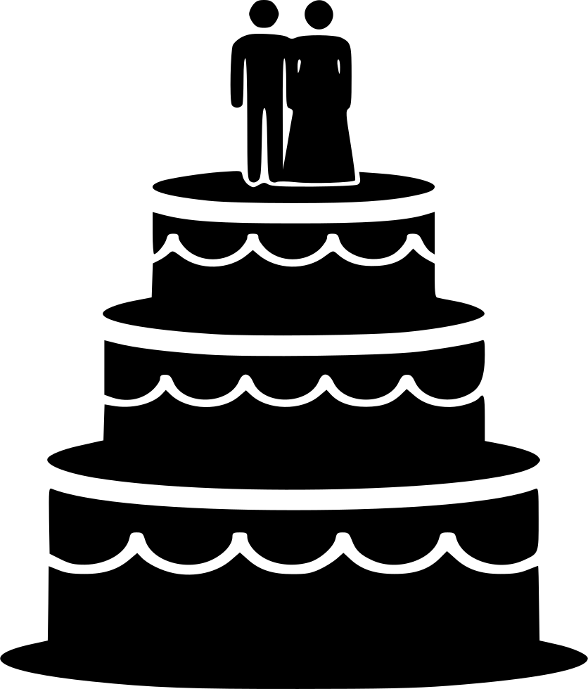 Black Tiered Wedding Cake Icon with Bride and Groom Silhouettes PNG Graphic