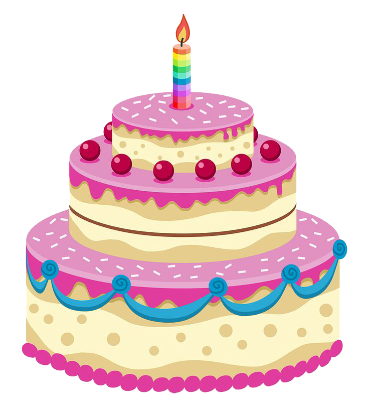Bright Cartoon Birthday Cake with Candles Sprinkles and Colorful Icing PNG
