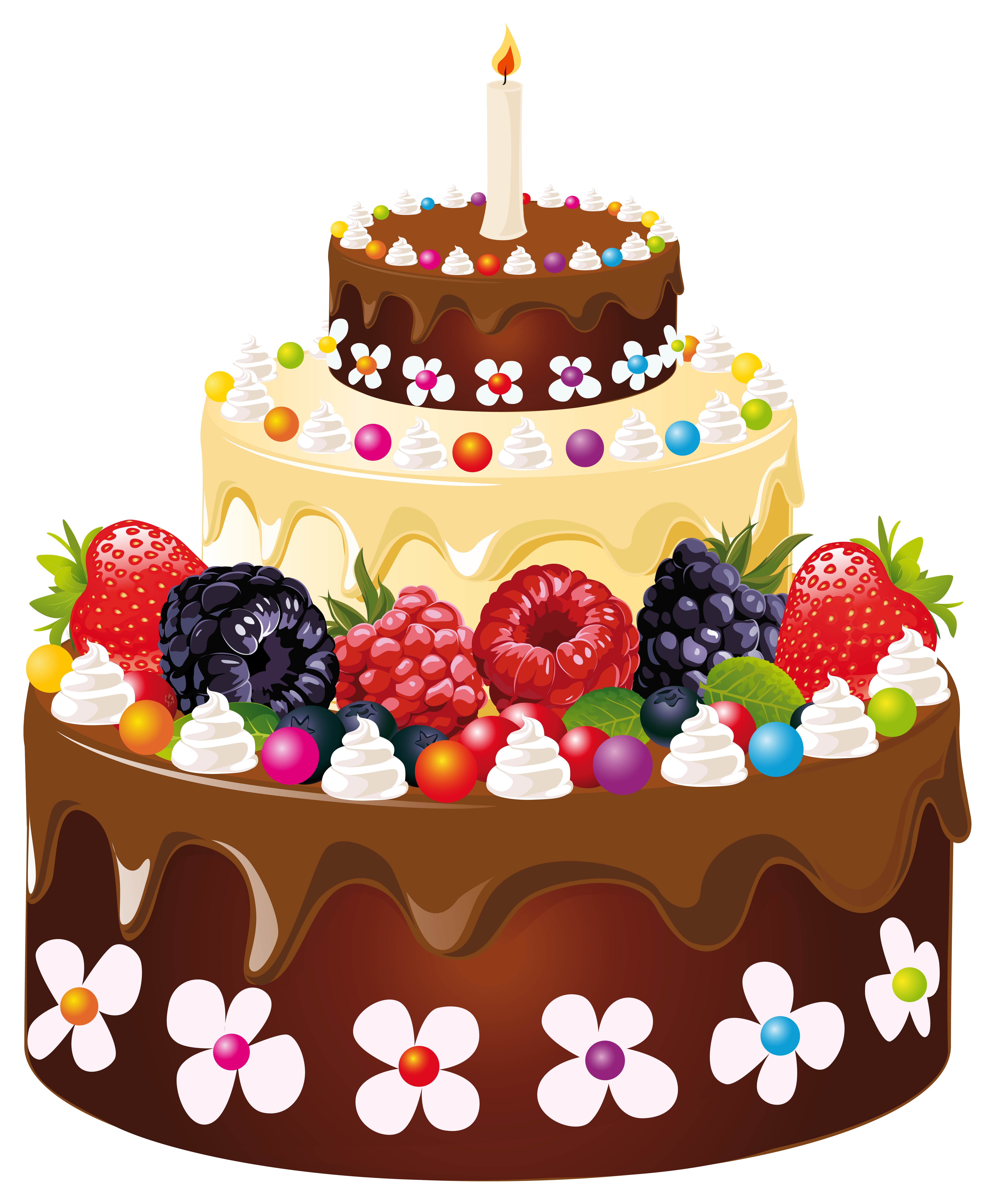 Chocolate Birthday Cake Topped with Fresh Berries and Cream PNG Food Photo