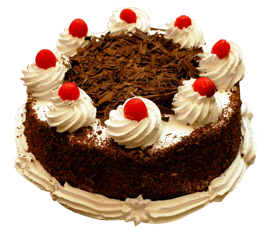 Chocolate Cake with Whipped Cream Rosettes and Red Cherry Toppings PNG