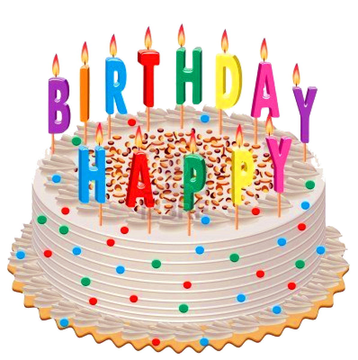 Colorful Birthday Cake with Candles and Happy Birthday Lettering PNG Illustration