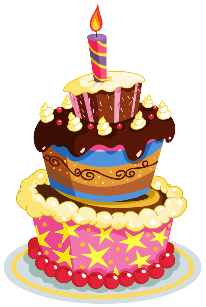 Colorful Birthday Cake with Star Decorations and Tall Candle PNG Illustration