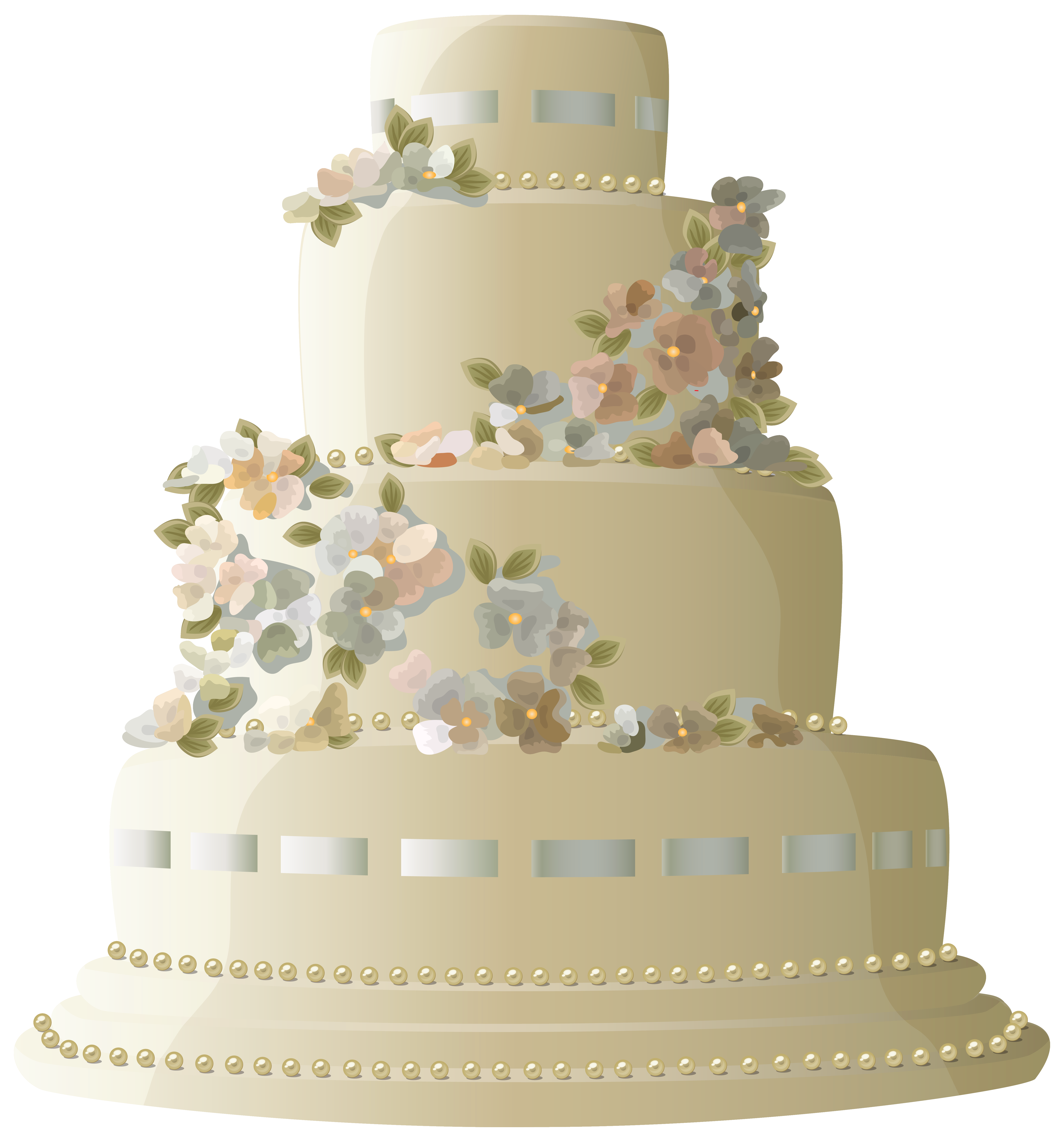 Cream White Wedding Cake with Floral Decorations and Ornate Piping PNG Image