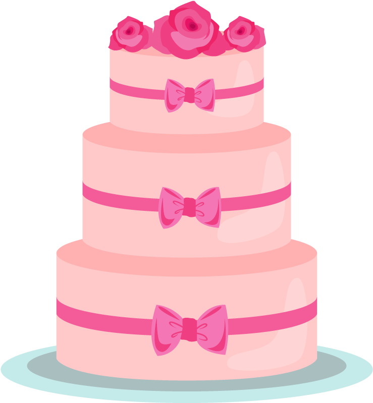 Cute Pink Cartoon Three Tier Cake with Ribbons and Flowers PNG Illustration
