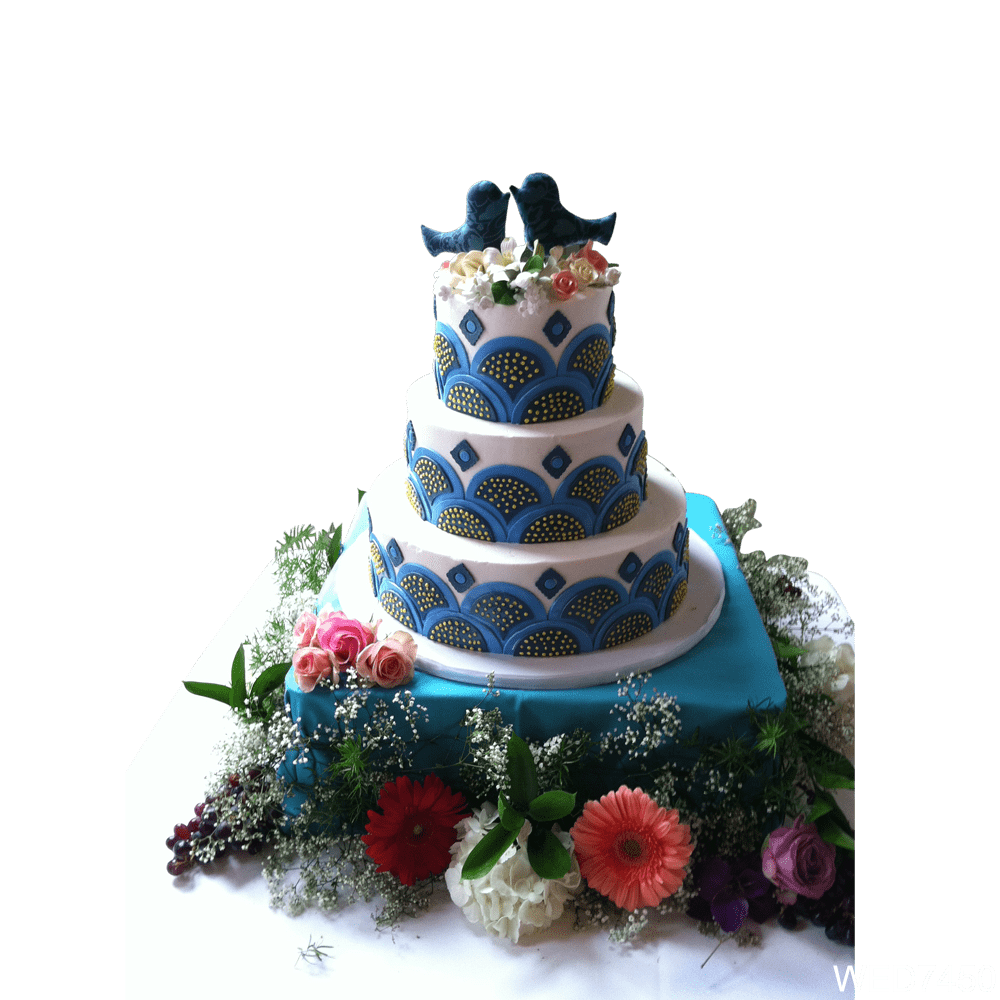 Dark Blue Wedding Cake with Colorful Flowers and Greenery at Base PNG Image