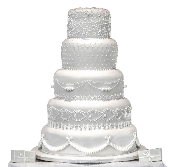 Elegant White Wedding Cake with Lace Piping and Ornamental Icing PNG Photo
