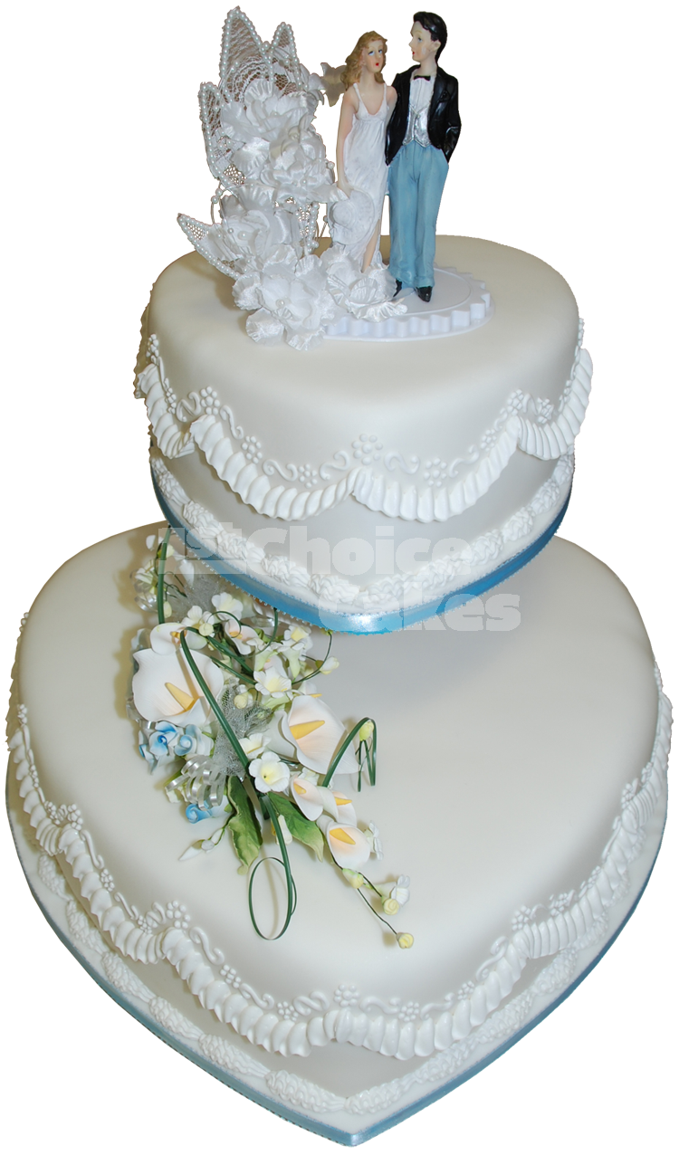 Heart Shaped Wedding Cake with Bride and Groom Cake Topper PNG Image