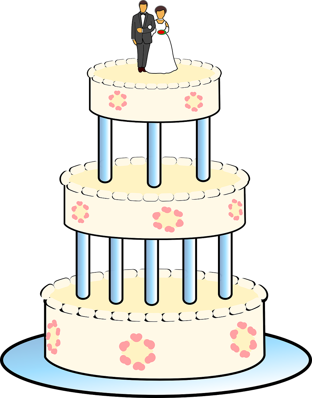 Minimal Wedding Cake Illustration with Bride and Groom on Top PNG Graphic